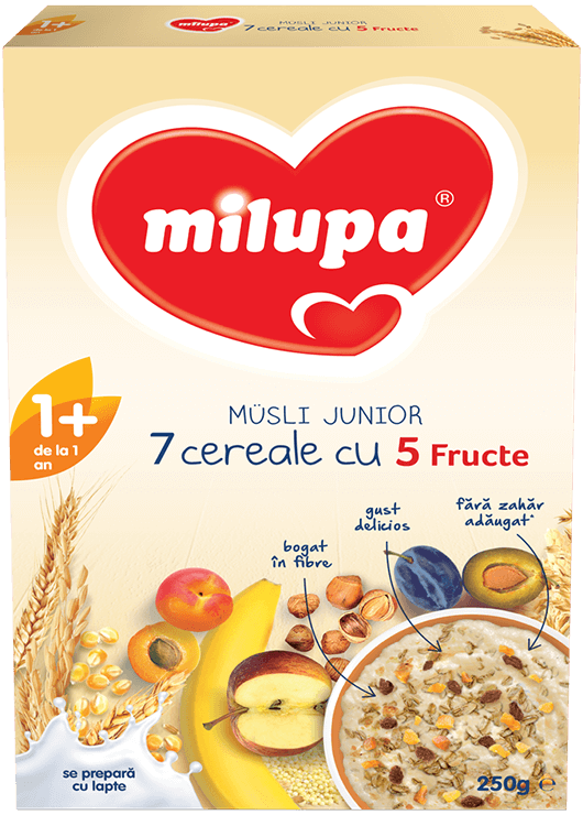 Lapte și mâncărici - Milupa Musli Junior 7 cereale cu 5 fructe (+1an, se preara cu lapte) 250g, epastila.ro