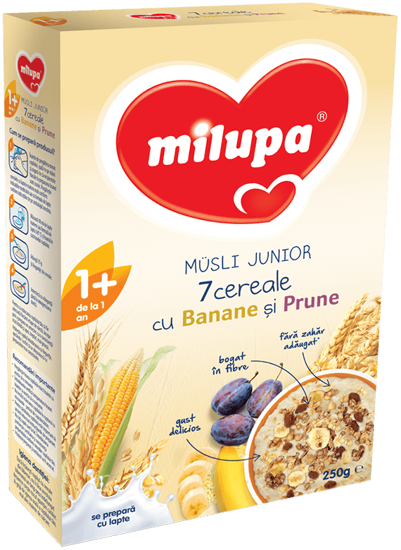 Lapte și mâncărici - Milupa Musli Junior 7 cereale cu banane si prune (+1an, se prepara cu lapte), epastila.ro