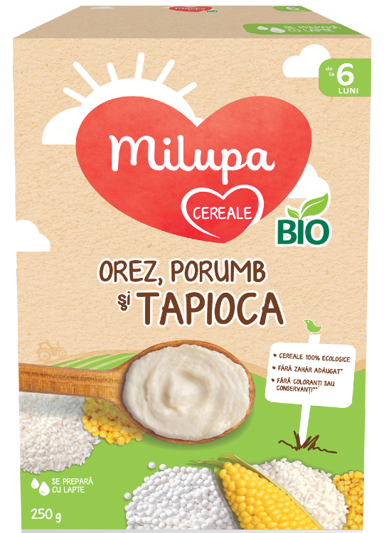 Lapte și mâncărici - Milupa Orez, porumb si tapioca cereale Bio (+6luni, se prepara cu lapte) 250g, epastila.ro