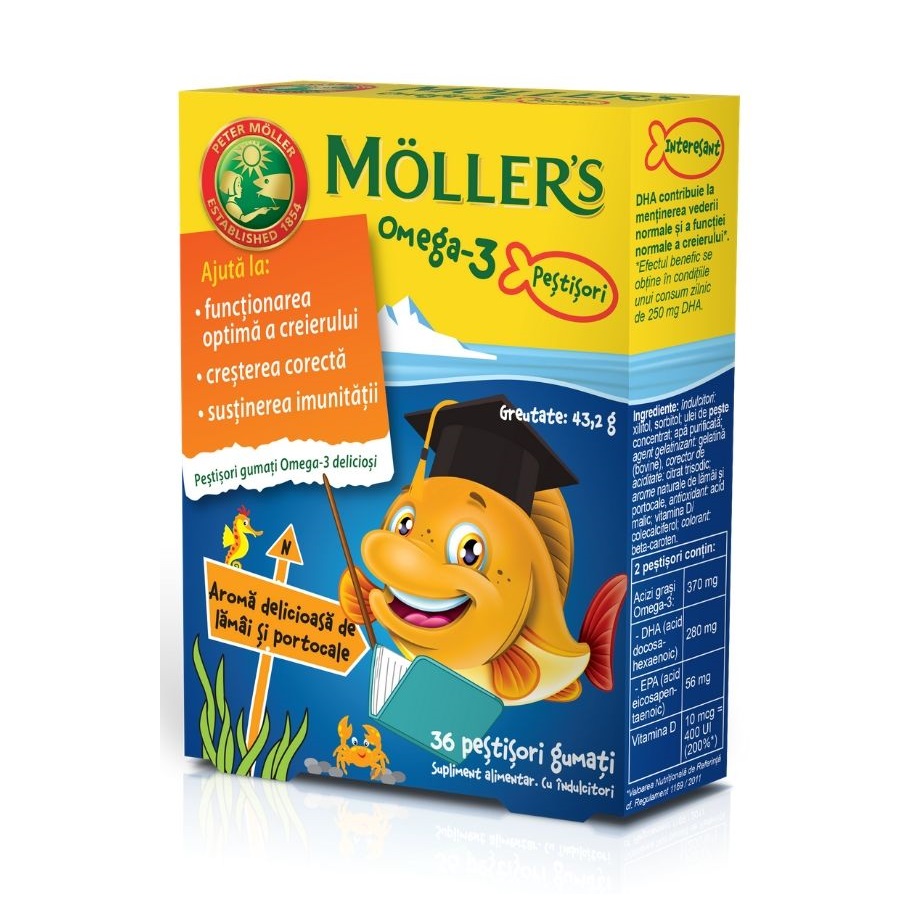Suplimente pentru sănătatea copilului - Moller's Omega-3 lamai si portocale x 36 pestisori gumati, epastila.ro