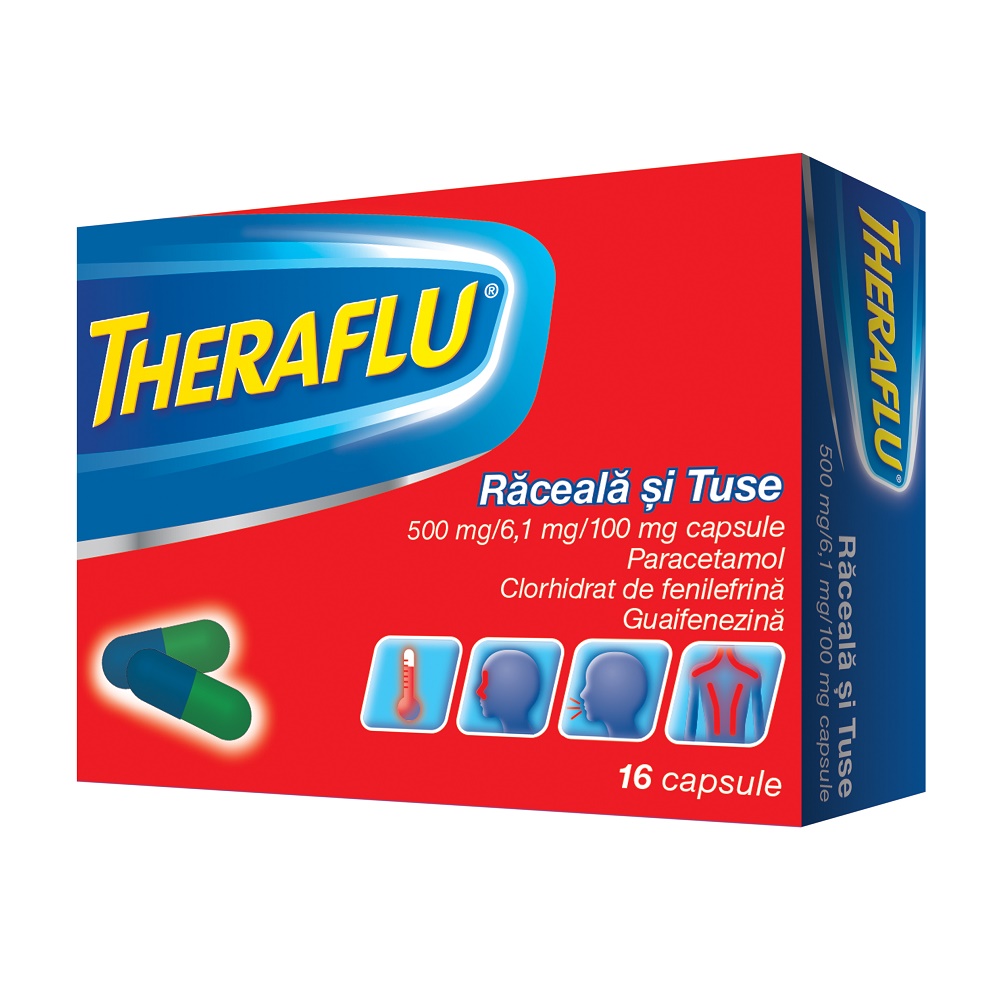 OTC (medicamente care se eliberează fără prescripție medicală) - Theraflu răceală și tuse x 16 capsule, epastila.ro