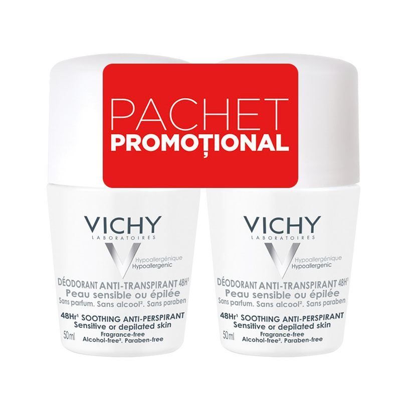 Oferte - Vichy Deo bi-pack roll-on antiperspirant 48h piele sensibila sau epilata, fara parfum, 2x 50ml, epastila.ro