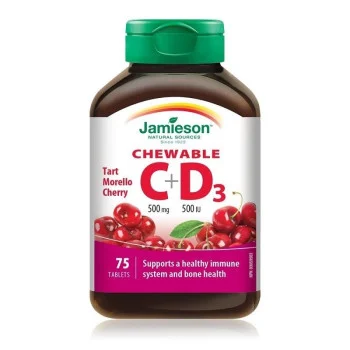 Deficiențe diverse - Vitamina C 500mg +D3 500UI x 75 comprimate masticabile cu aroma de cirese, Jamieson , epastila.ro