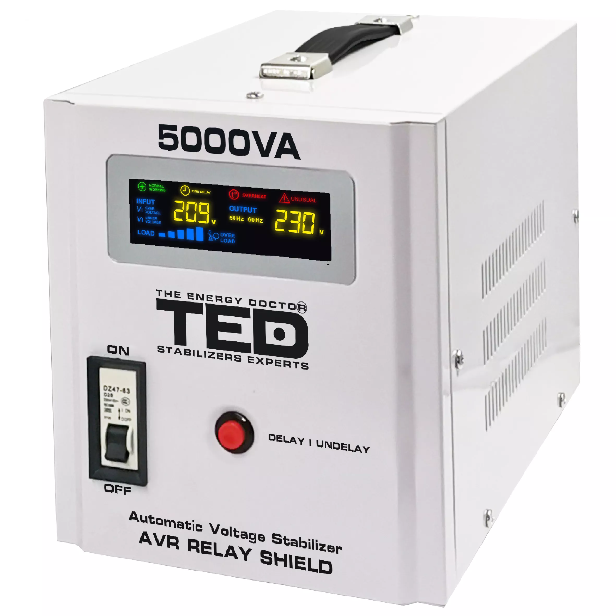 Stabilizator RESIGILAT tensiune 3000W 230V cu 2 iesiri Schuko si sinusoidala pura + ecran LCD cu valorile tensiunii, TED Electric TED000187