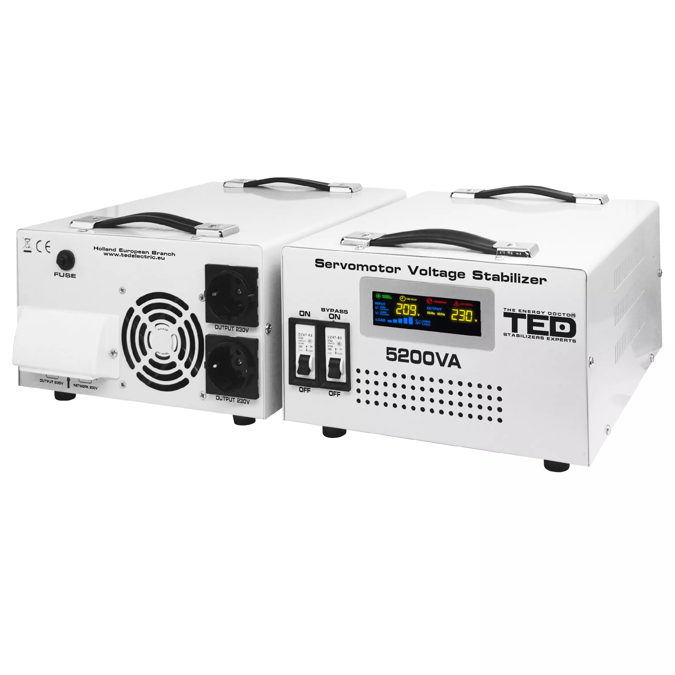 Stabilizator tensiune monofazat 3KW 3000W cu ServoMotor si 2 iesiri Schuko + ecran LCD cu valorile tensiunii, TED Electric TED000200