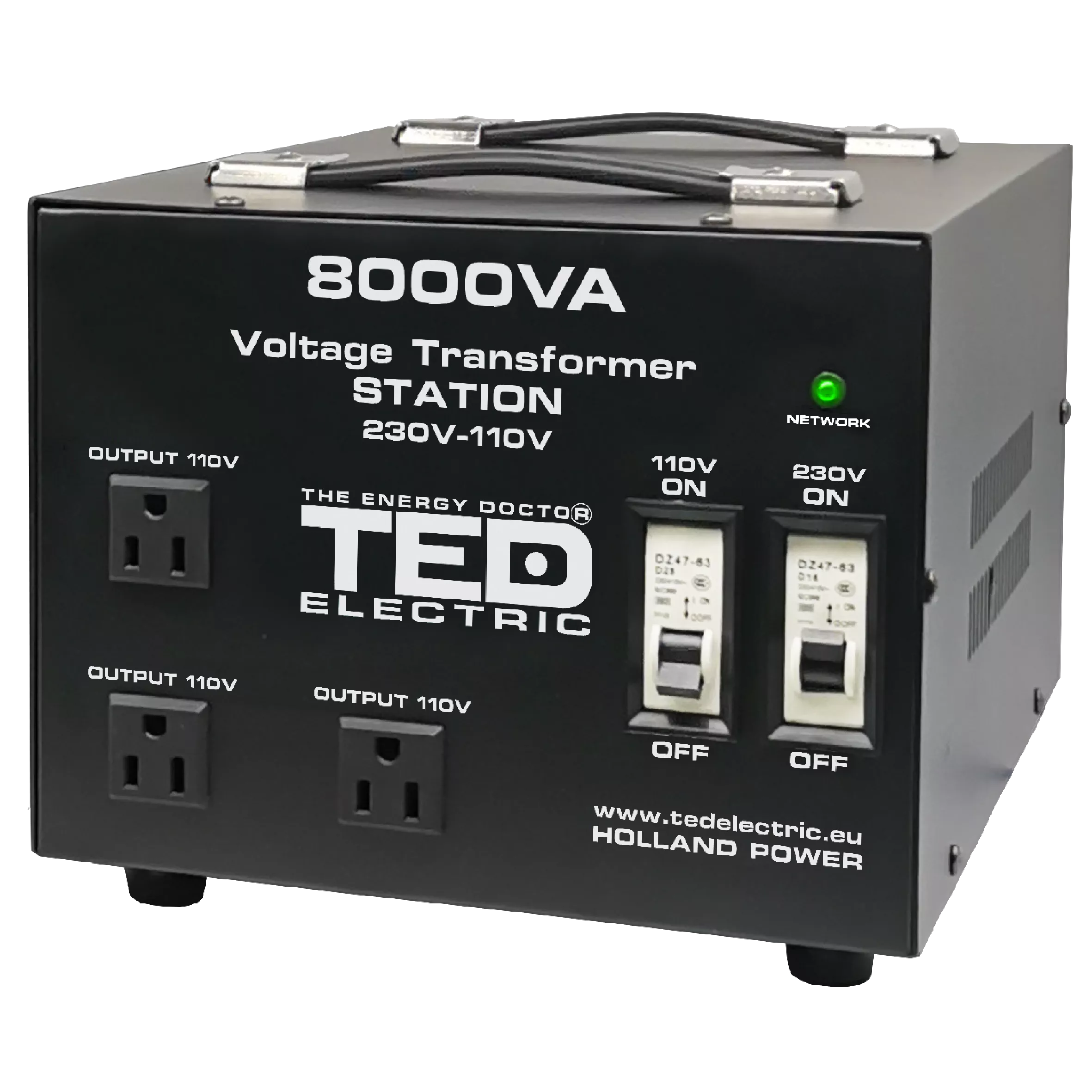 Transformator RESIGILAT de tensiune, Convertor de la 220V la 110V si Reversibil 8000VA 6400W cu Carcasa si Regleta, TED Electric TED000262