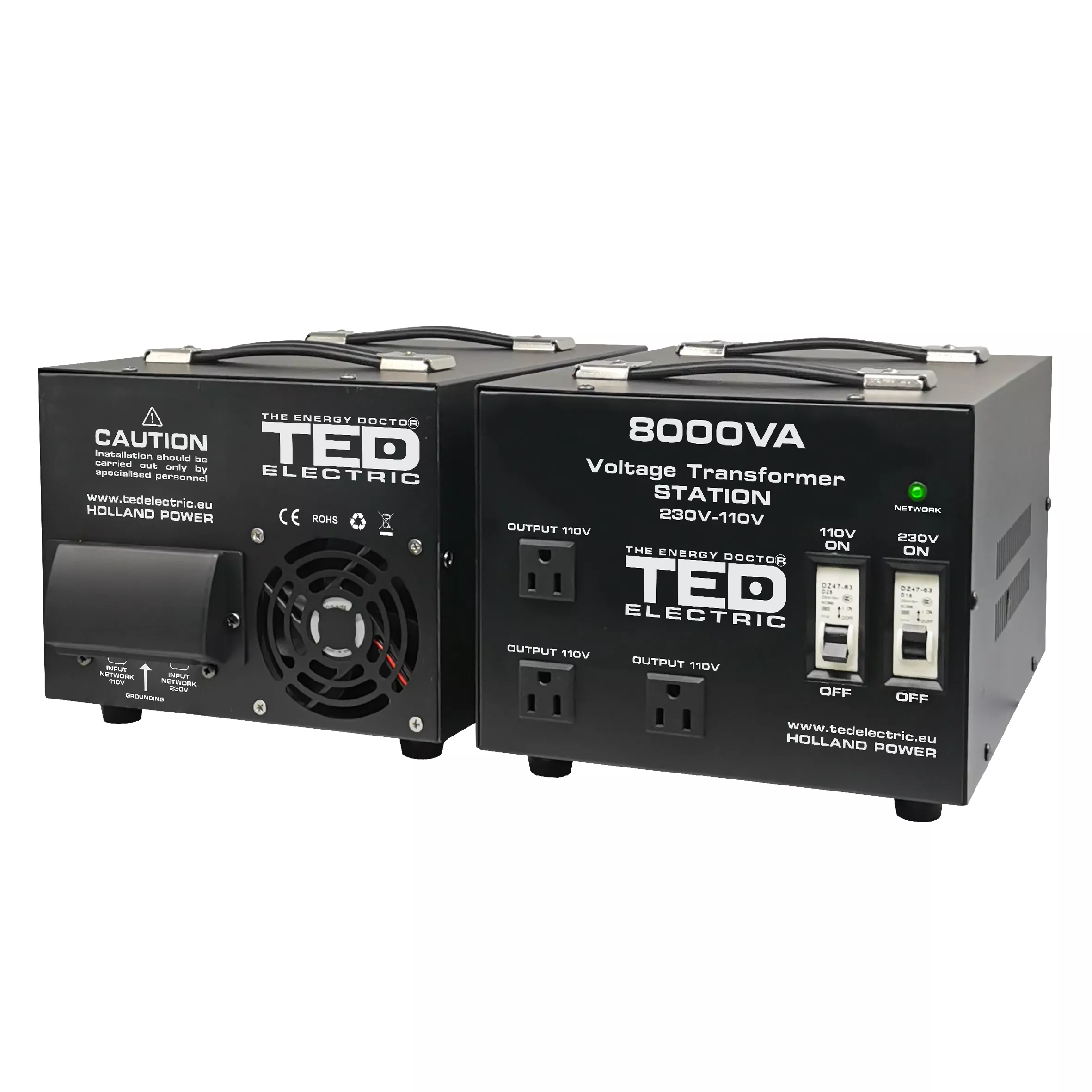 Transformator RESIGILAT de tensiune, Convertor de la 220V la 110V si Reversibil 8000VA 6400W cu Carcasa si Regleta, TED Electric TED000262
