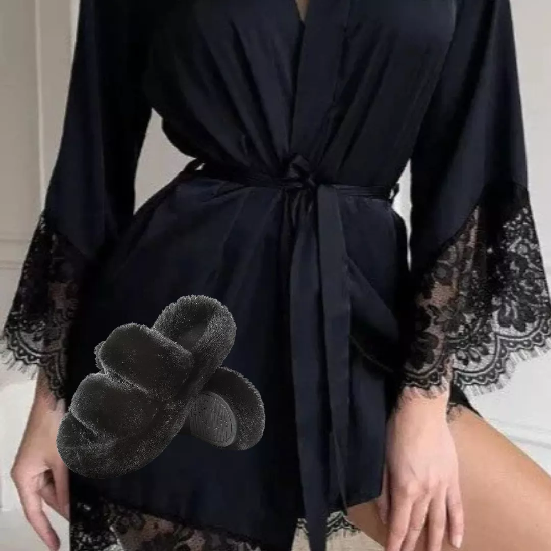 Halat negru din satin cu dantelă + papuci pufoși, [],edera.ro