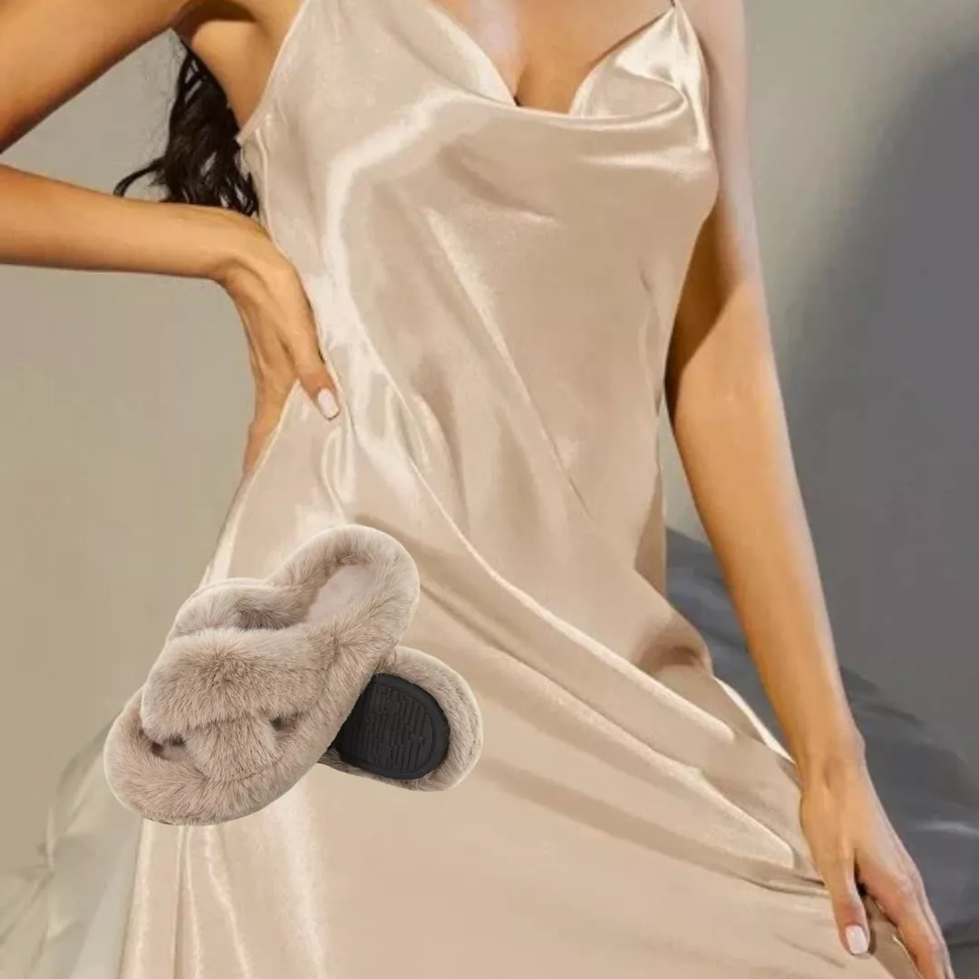 Rochie de noapte din satin + papuci pufoși de casă, [],edera.ro