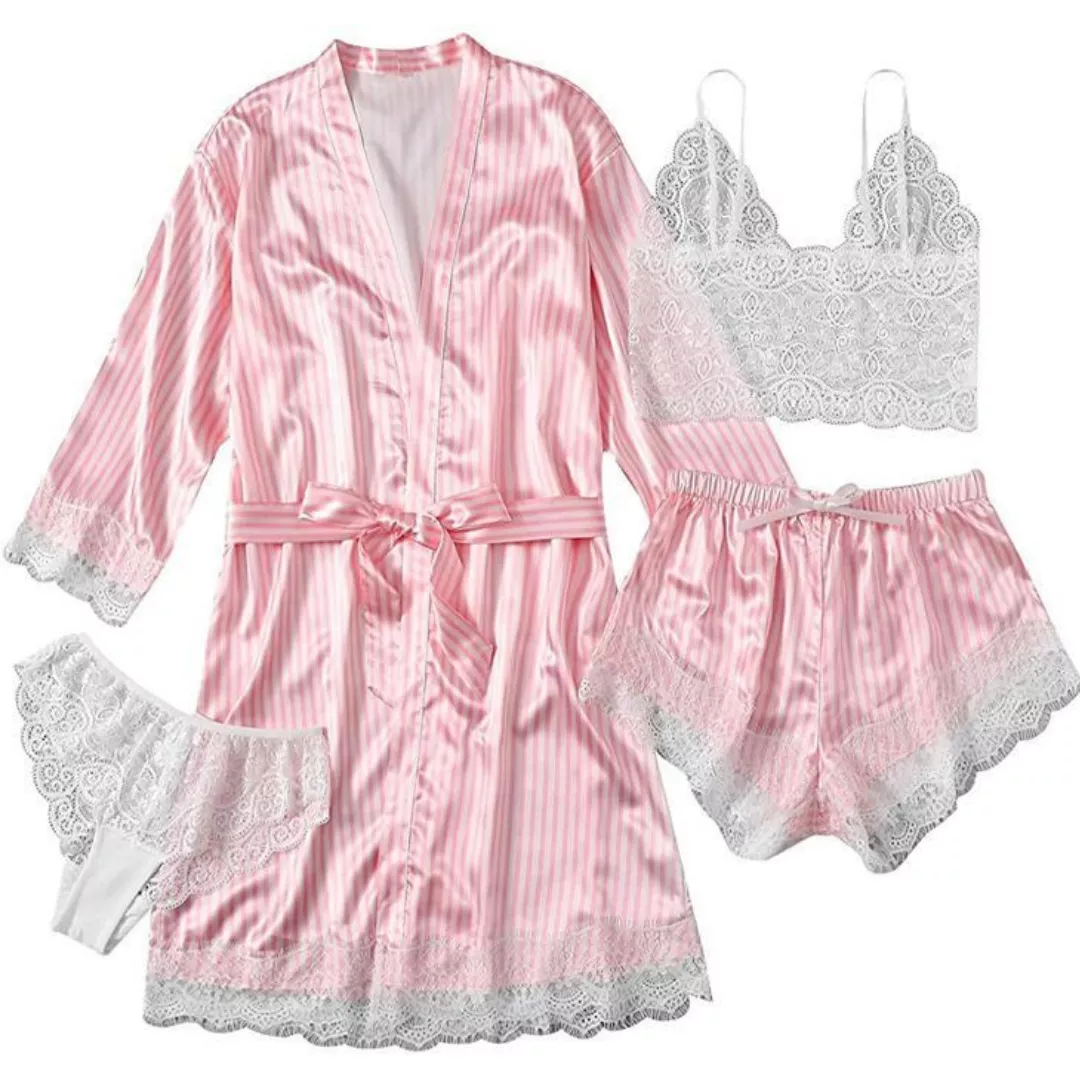 Set pijamale halat de noapte și pantalon scurt din satin cu top și chiloți din dantelă, [],edera.ro