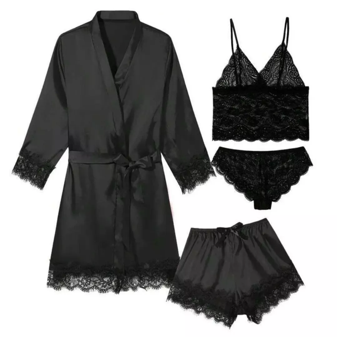 Set pijamale halat de noapte și pantaloni scurți din satin cu top și chiloți din dantelă, [],edera.ro