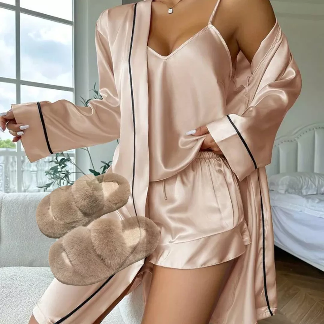 Set pijamale satin șampanie + halat + papuci pufoși, [],edera.ro