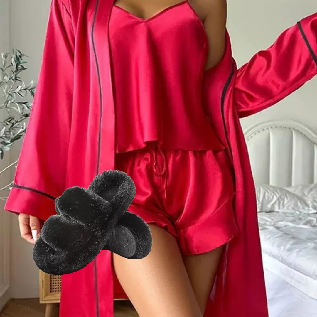 Set pijamale satin roșu + halat + papuci pufoși, [],edera.ro