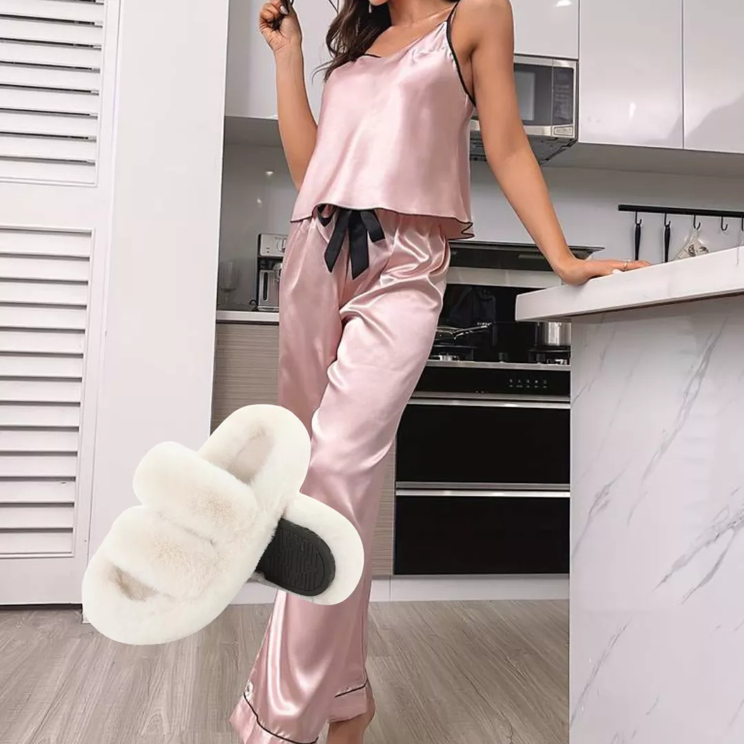 Set pijamale satin roz (maiou + pantaloni) + papuci pufoși, [],edera.ro