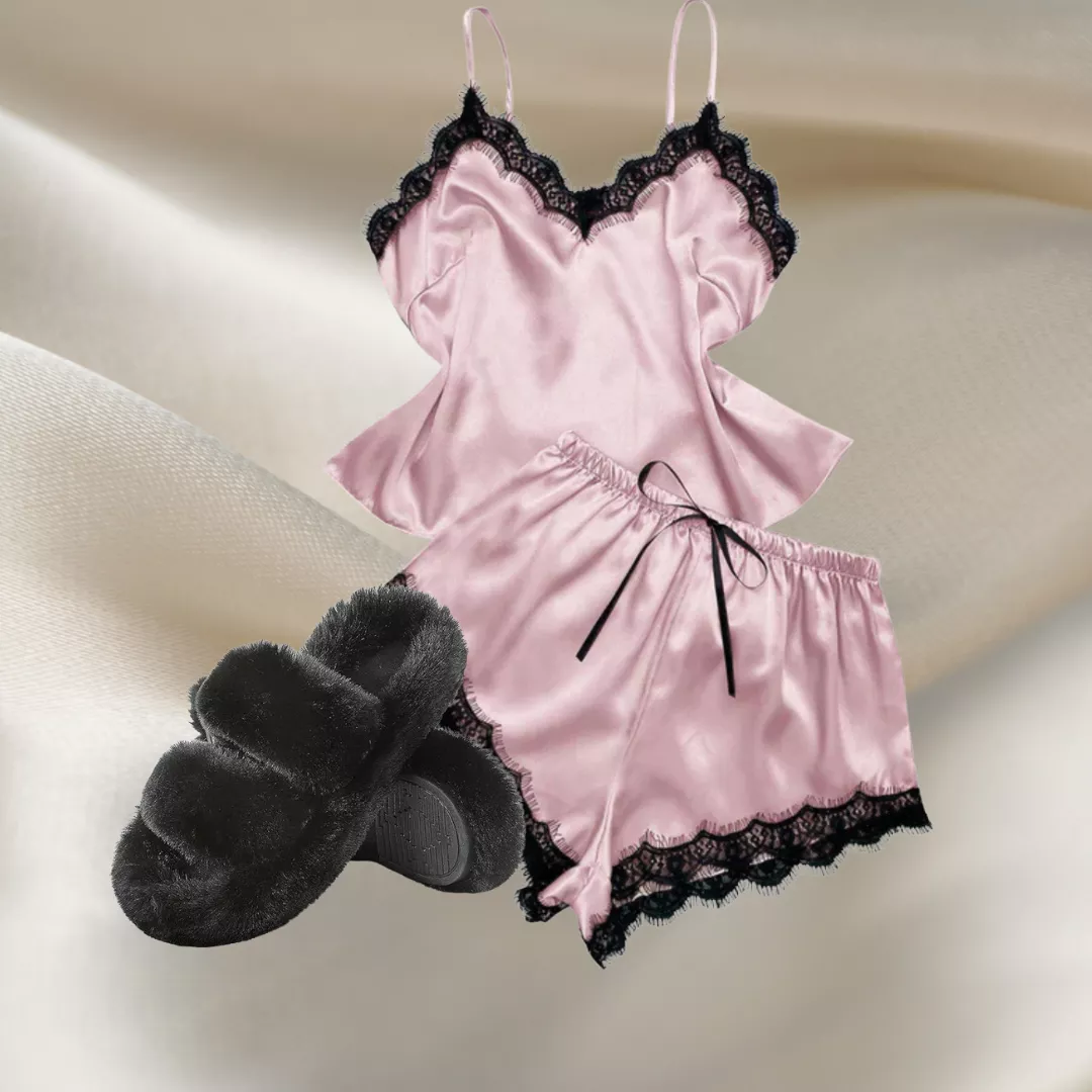Set pijamale satin roz (maiou + pantaloni scurți) + papuci pufoși, [],edera.ro