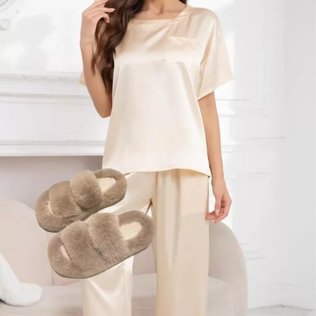 Set tricou + pantaloni satin și papuci casă, [],edera.ro