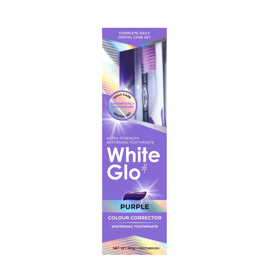 Pachet pasta de dinti cu efect de albire si periuta White Glo Purple, corector de culoare mov, 160g
