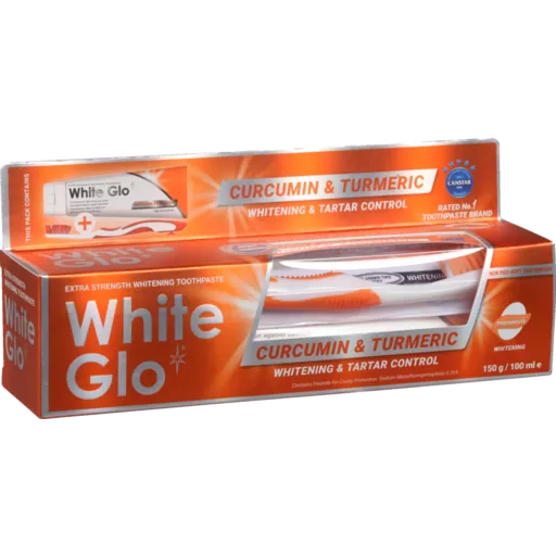 Pachet pasta de dinti si periuta, White Glo Curcumina si Turmeric, 150 g, [],pharmazone.ro