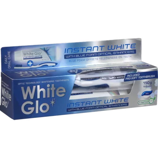 Pachet pasta de dinti si periuta, White Glo Instant White cu potentiatori optici din spuma albastra, 150 g, [],pharmazone.ro