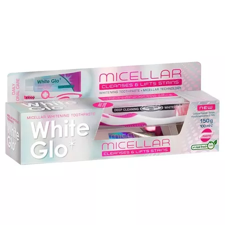 Pachet pasta de dinti si periuta, White Glo Micellar, cu apa micelara,150g