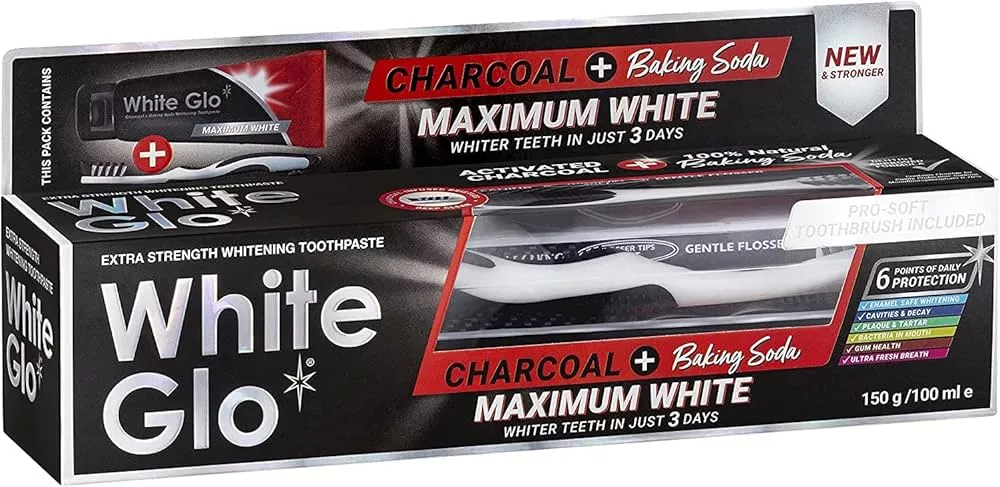 Pasta de dinti White Glo Charcoal Maximum White, cu bicarbonat de sodiu, 150g/100ml, cu periuta inclusa