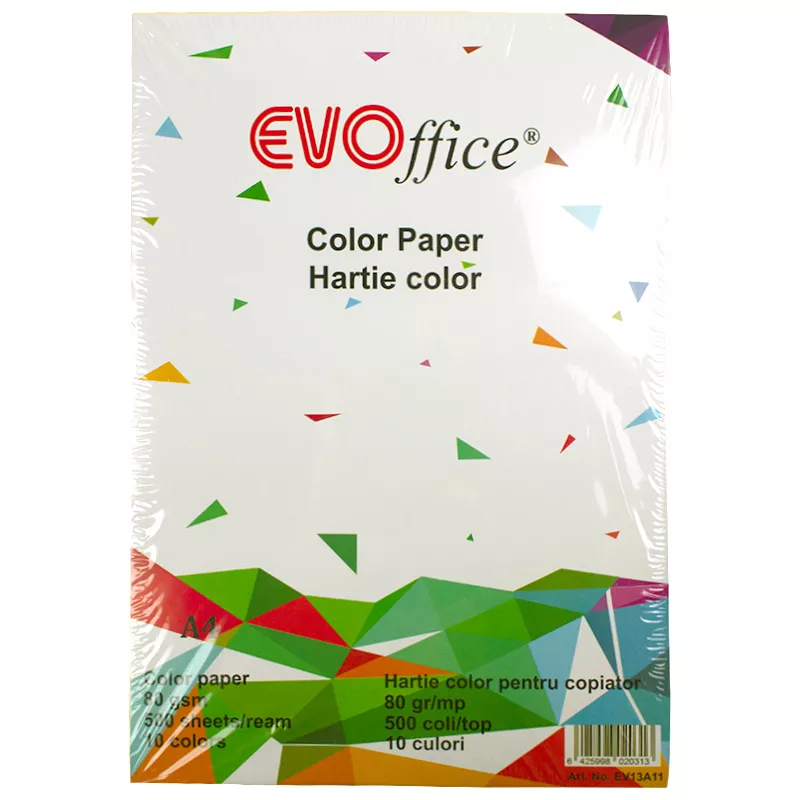 Hartie color A4, 80 g/mp, 500 coli/top Evoffice - 10 culori asortate, [],crtbirotica.ro