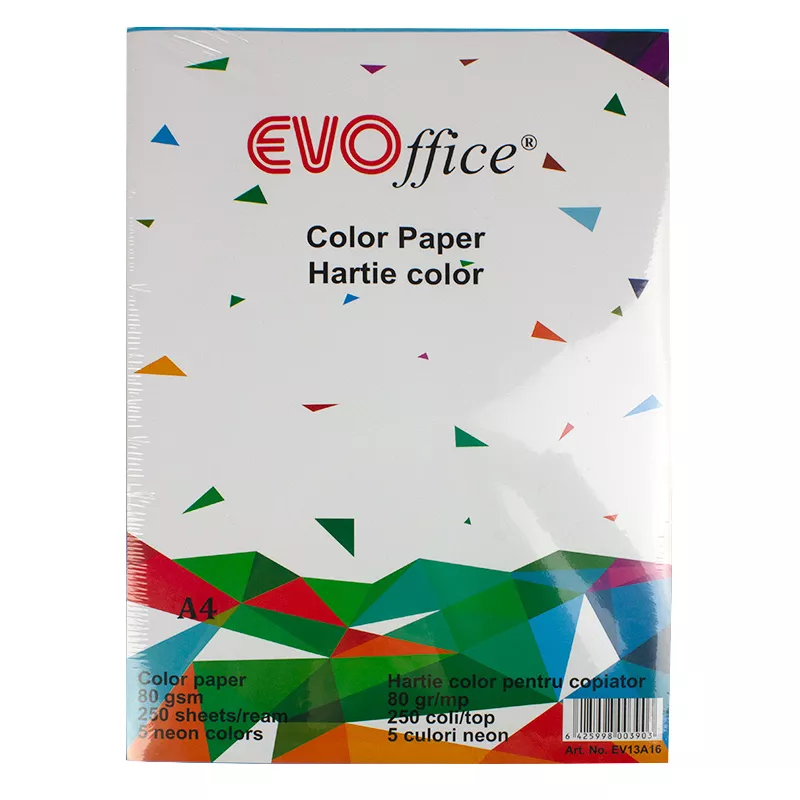 Hartie culori neon A4, 80 g/mp, 250 coli/top Evoffice - 5 culori asortate, [],crtbirotica.ro