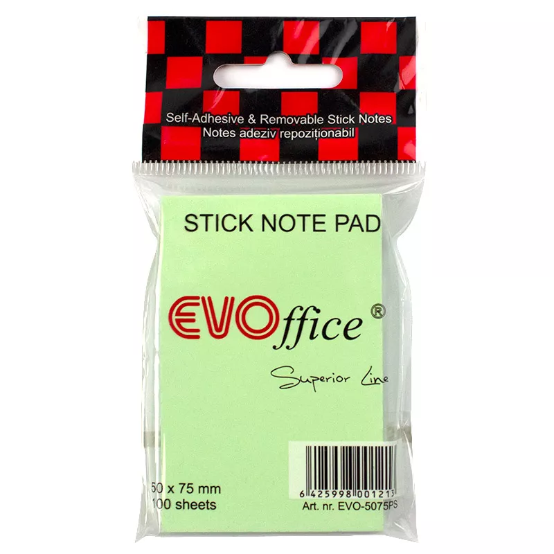 Notes autoadeziv 50*75 mm, verde pastel, 100 file EVOffice Superior Line