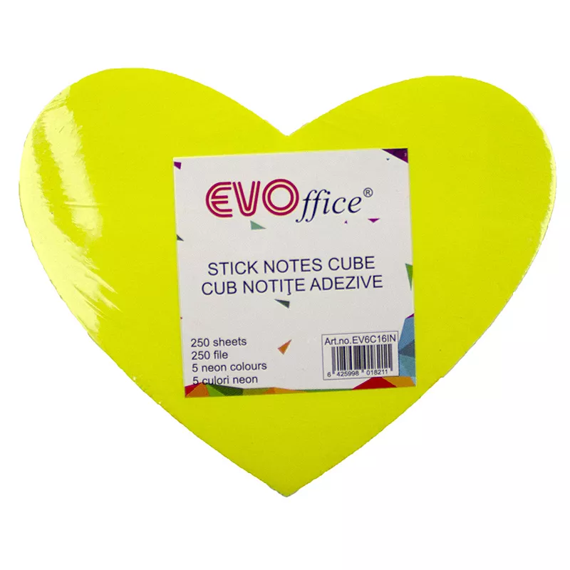 Notes autoadeziv cub color 250 file, 5 culori neon  EVOffice - Inima