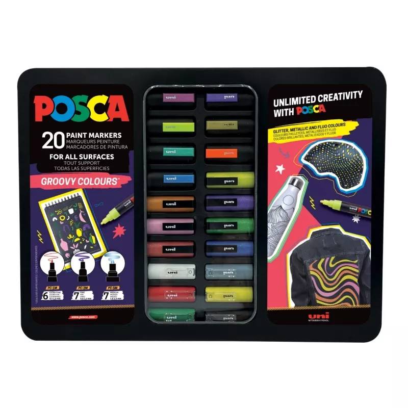 Carioci Set 20x Marker UNI Posca Groovy Colours, cutie metal