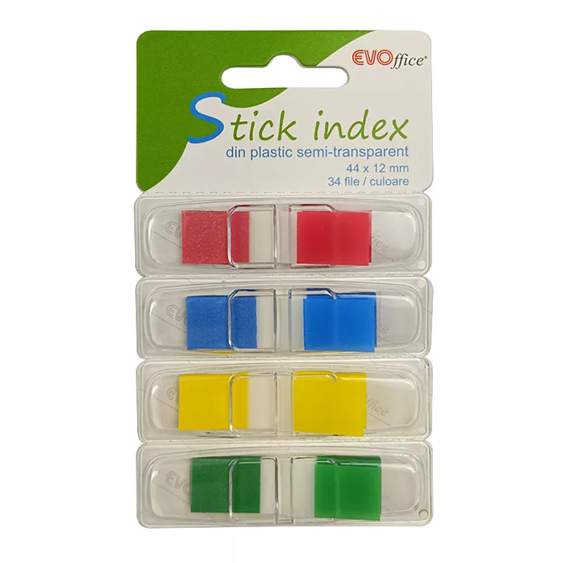 Stick index plastic cu dispencer pop-up 44*12mm, 4cul neon semi-transparente*35file EVOffice