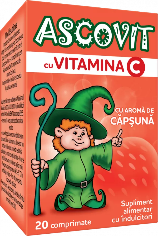 Ascovit cu Vitamina C Aroma de Capsuni, 20 Comprimate
