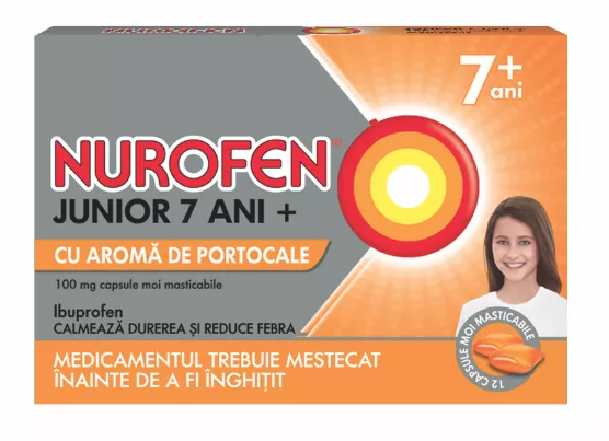 Nurofen Junior 7 Ani+ Aroma Portocale 100 mg, 24 Capsule Moi Masticabile, Reckitt Benckiser