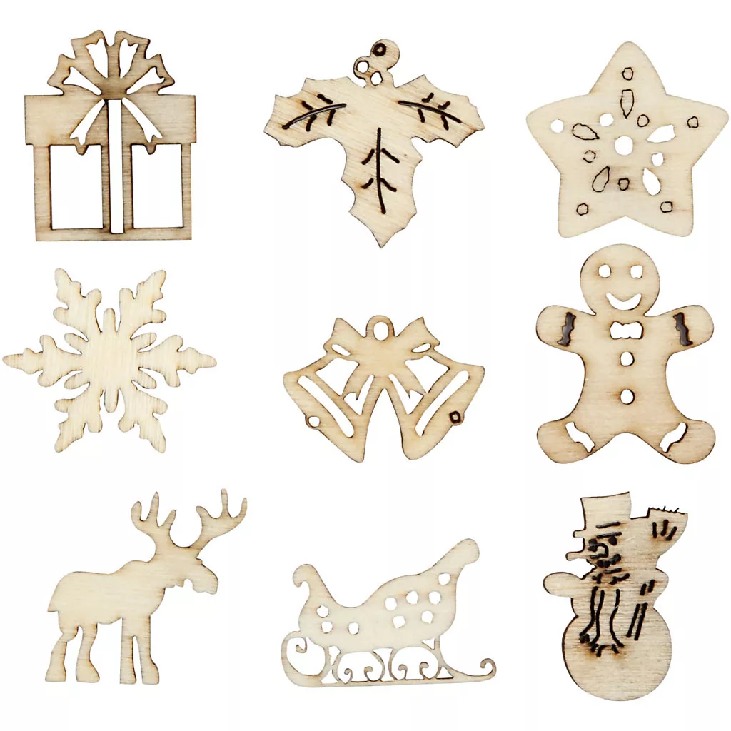 Set de 45 de ornamente pretăiate din lemn cu motiv de Crăciun
