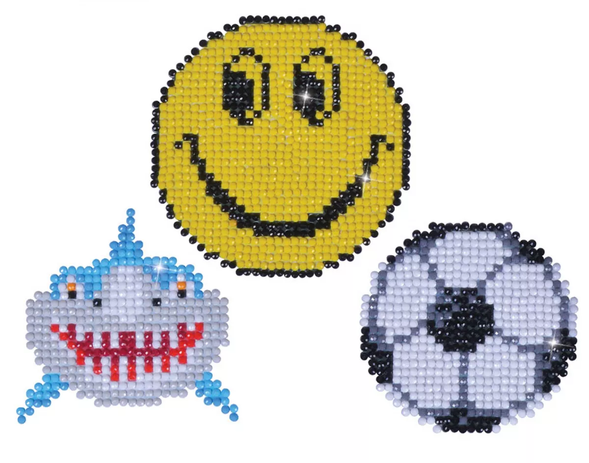 Set de 3 stickere cu diamante – Rechin, smiley și minge de fotbal
