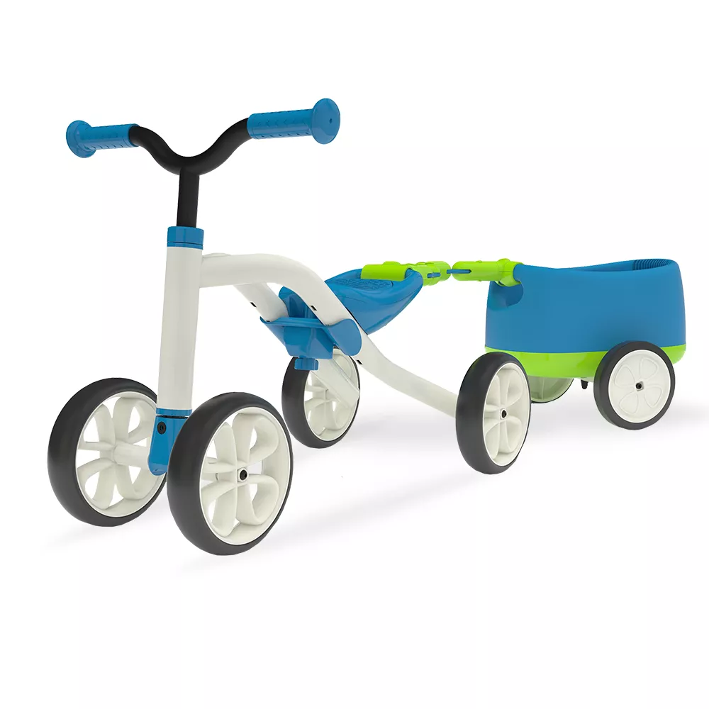 Bicicletă albastră cu 4 roți, fără pedale, reglabilă pe înalțime, cu remorcă detașabilă