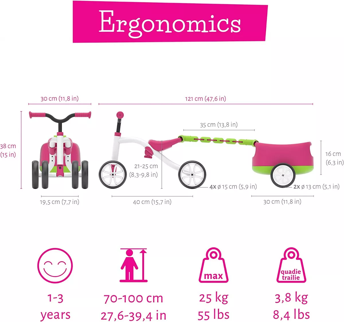 Bicicletă roz cu 4 roți, fără pedale, reglabilă pe înălțime și remorcă detașabilă - Quadie Trailie 