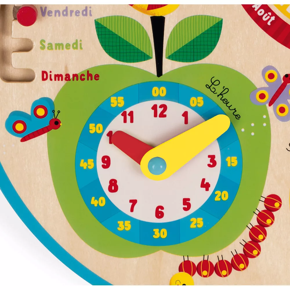 Ceas-calendar din lemn (în limba franceză)