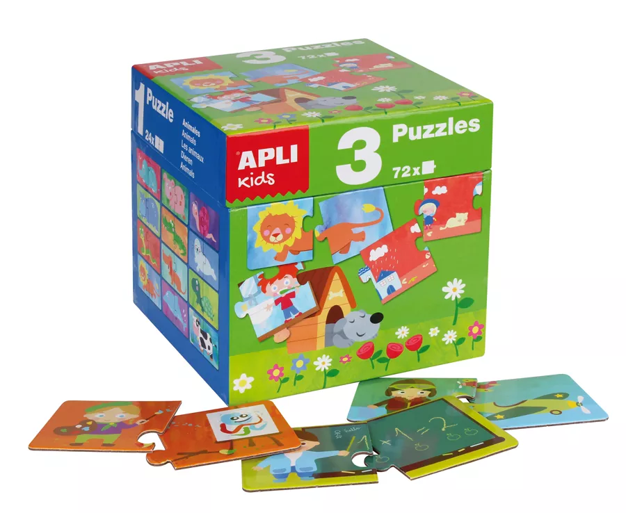 Cub cu 3 puzzle-uri diferite a câte 24 de piese: Animale, Casa mea și Anotimpuri