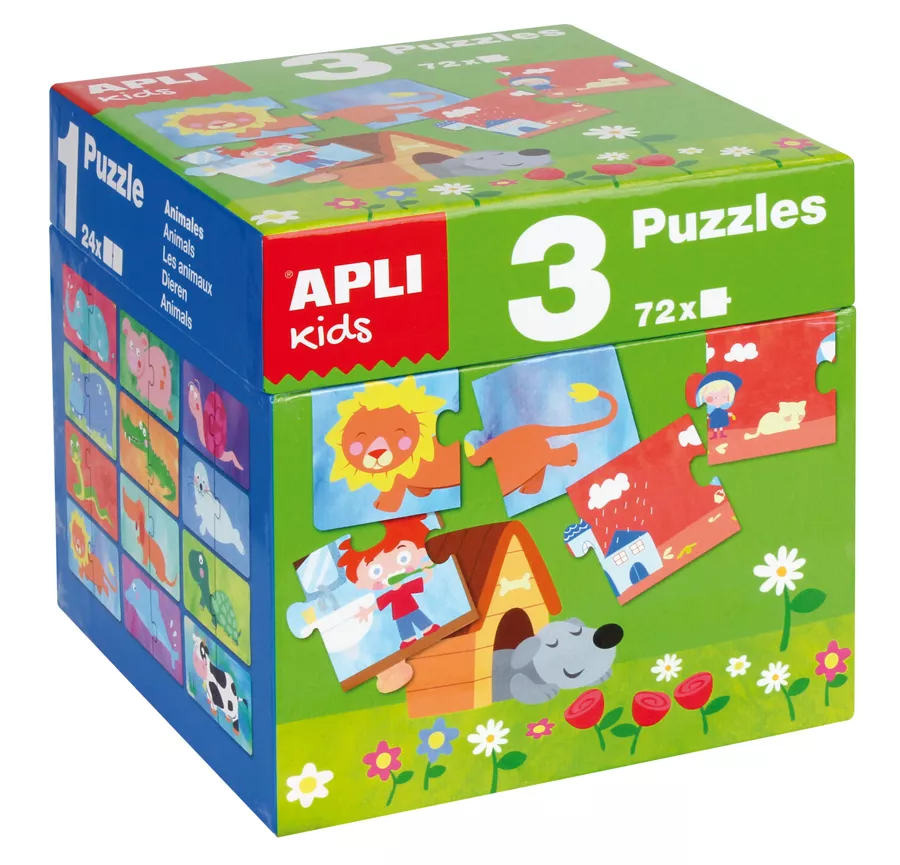 Cub cu 3 puzzle-uri diferite a câte 24 de piese: Animale, Casa mea și Anotimpuri