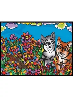 Dosar de colorat din catifea, cu 12 carioci – Cățeluși husky (36 x 26 x 1,8 cm)