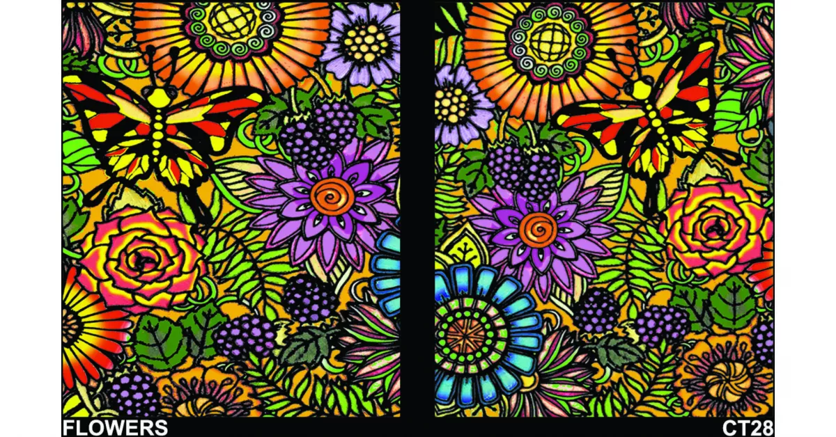 Dosar de colorat din catifea, cu 12 carioci – Flori multicolore (36 x 26 x 1,8 cm)