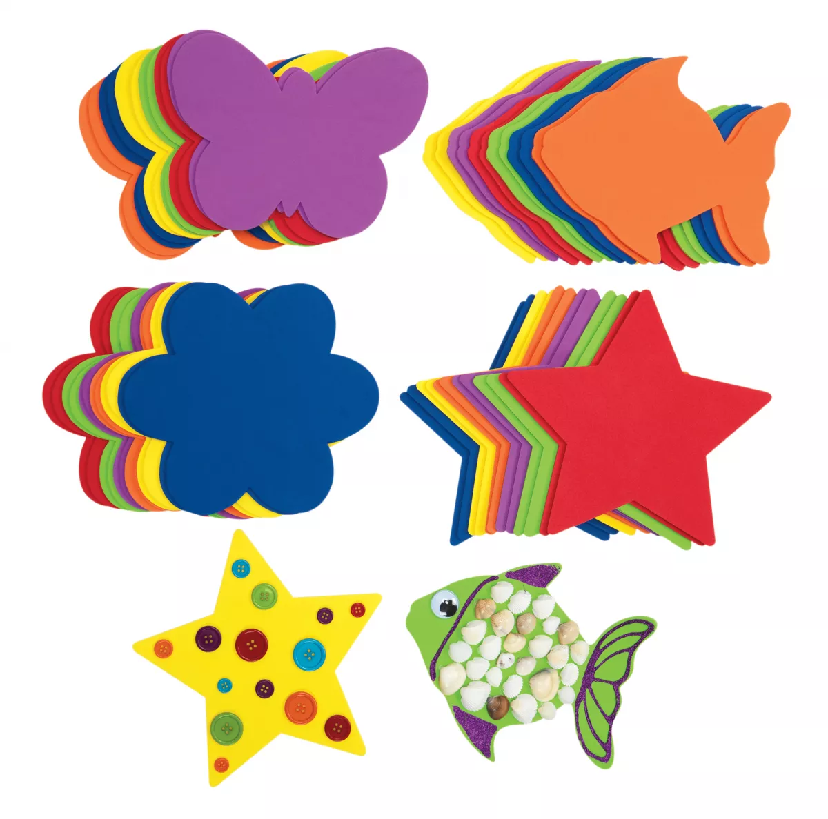 Set de 48 de forme colorate din spumă: fluturi, stele, flori și pești