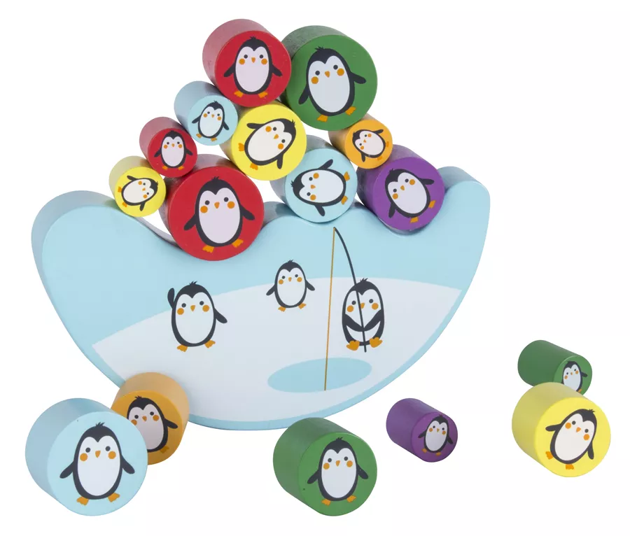 Joc de echilibrare din lemn: 16 pinguini, un iceberg  și un zar colorat