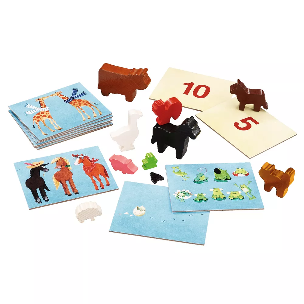 Joc 12 în 1 cu 10 figurine din lemn și 11 cartonașe - Cifre și animale