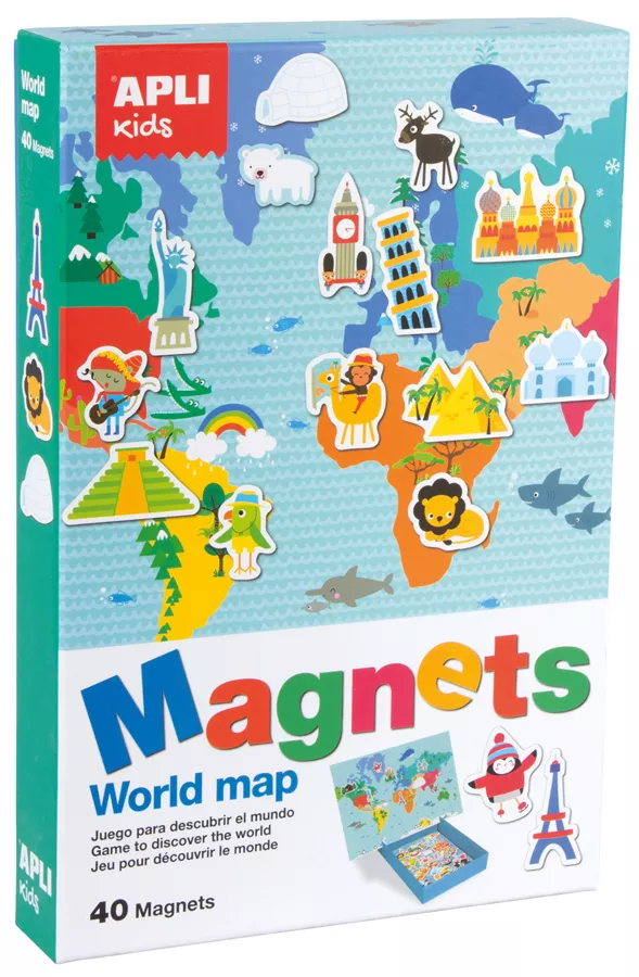 Joc educativ magnetic cu 40 de piese - Harta lumii cu monumente și animale
