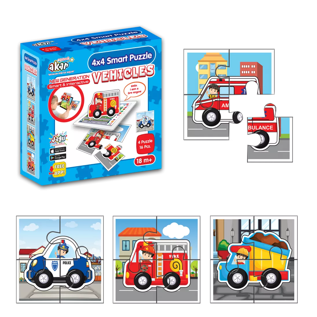 Set de 4 mini puzzle-uri din câte 4 piese - Vehicule