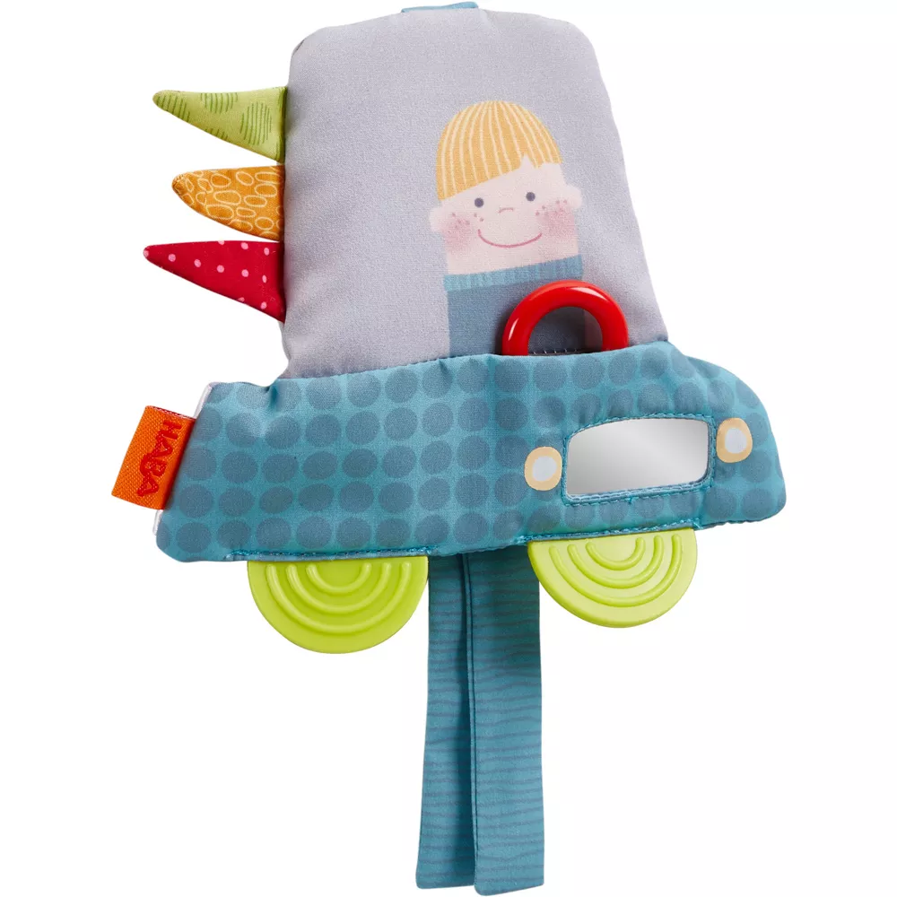 Jucărie textilă de agățat cu accesorii pentru dentiție - Mașinuța albastră