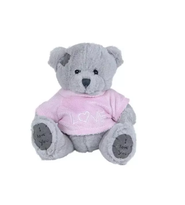 Jucărie din pluș - Ursuleț gri în tricou roz, 15 cm