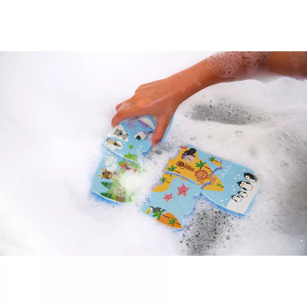 Jucărie pentru baie - Puzzle Harta lumii cu 28 de piese și 4 vehicule din spumă